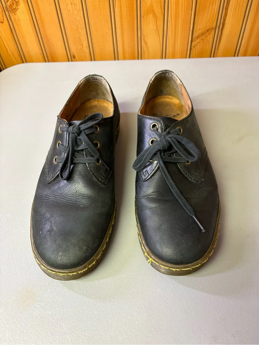 Dr. Martens Black Leather Derby Shoes with Yellow Stitching